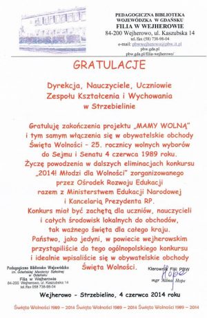 <span  class="uc-style-174345760993" style="color:#ffffff;">Gratualcje Pedagogicznej Biblioteki Wojewódzkiej w Gdańsku Filia w Wejherowie z okazji zakończenia projektu "Mamy wolną"</span>
